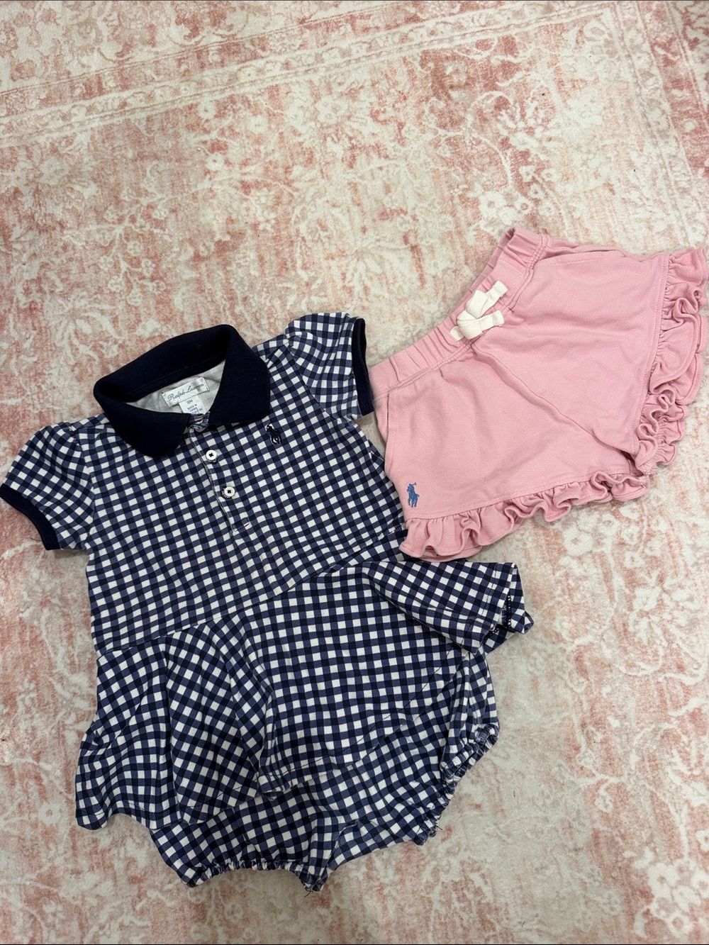 Ralph Lauren Navy Gingham Polo Romper with Pink Ruffle Shorts